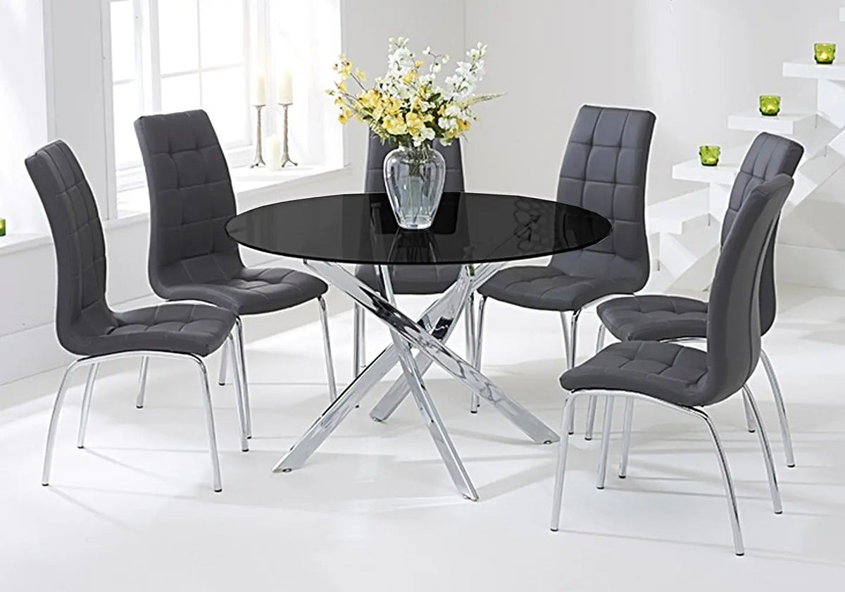 Ensemble table ronde noire et 6 chaises grises | Mona