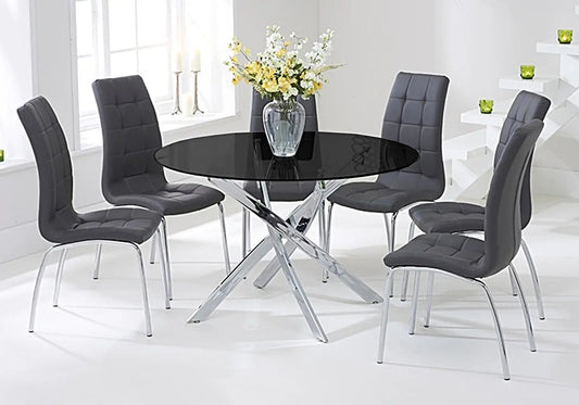 Ensemble table ronde noire et 6 chaises grises | Mona