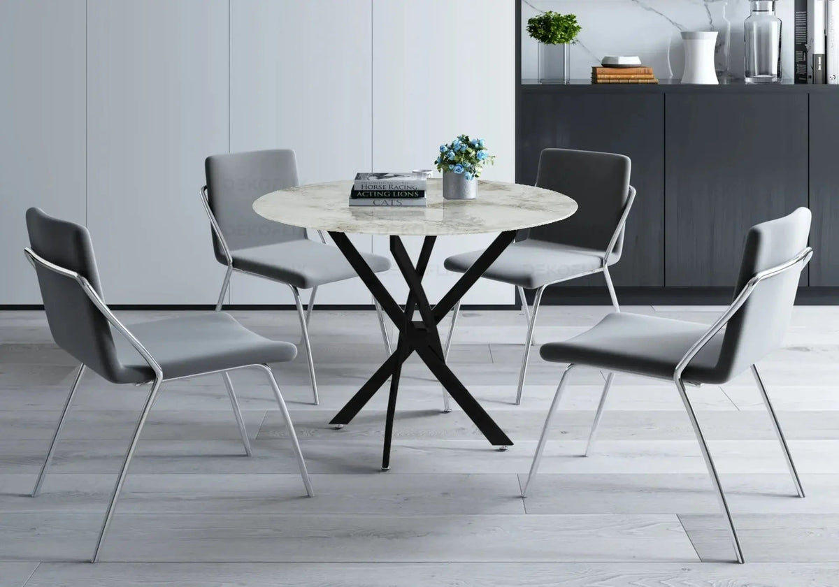 Table à manger ronde noire effet marbre beige | Koda