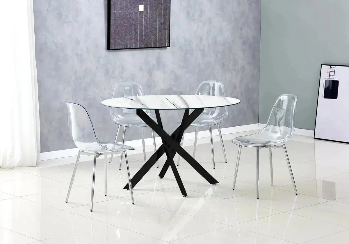 Table à manger ronde noire effet marbre blanc | Koda
