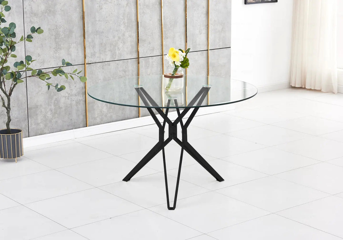 Table à manger ronde noire verre trempé et métal | Zelix