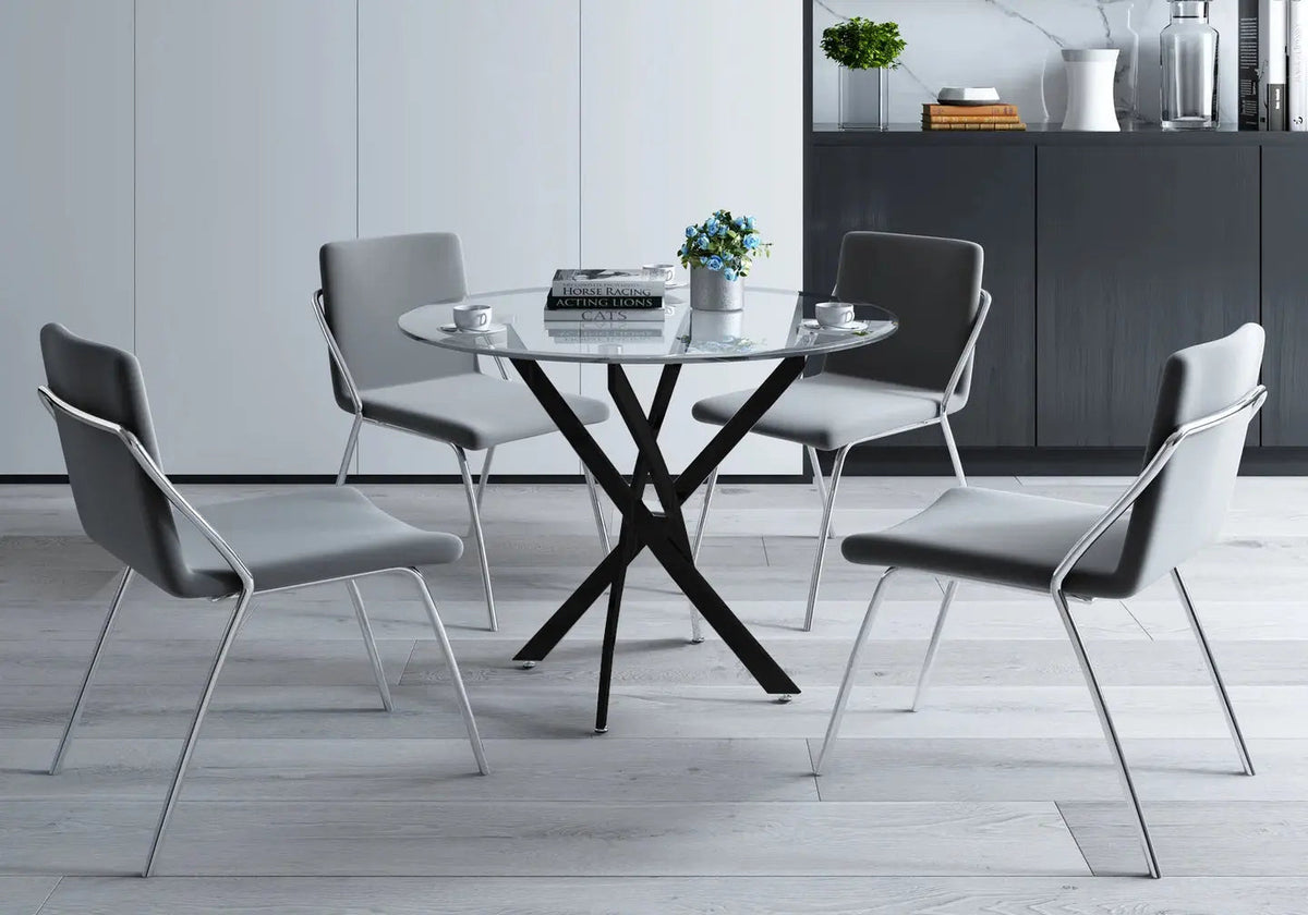 Table à manger ronde noire verre trempé et acier | Koda