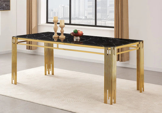 Table de salle à manger dorée finition marbre noir | Zalys