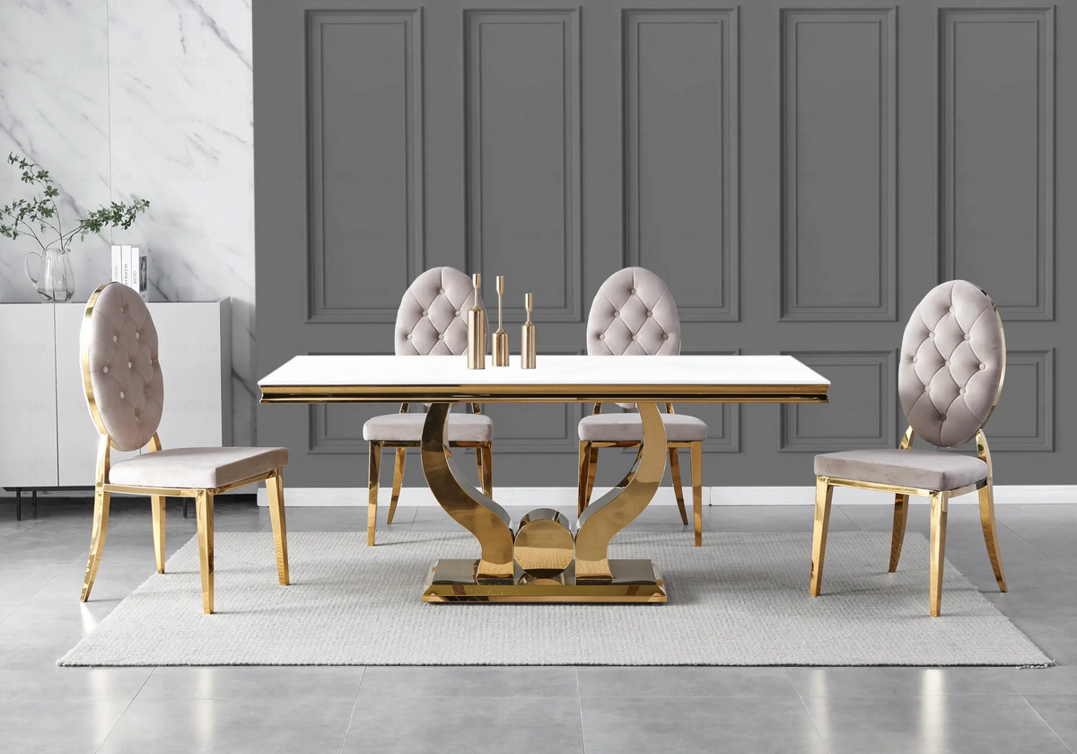 Table verre blanc et 4 chaises capitonnées dorées | Juno