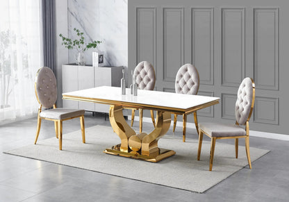 Table verre blanc et 4 chaises capitonnées dorées | Juno