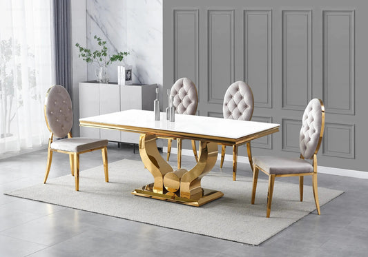 Table verre blanc et 4 chaises capitonnées dorées | Juno