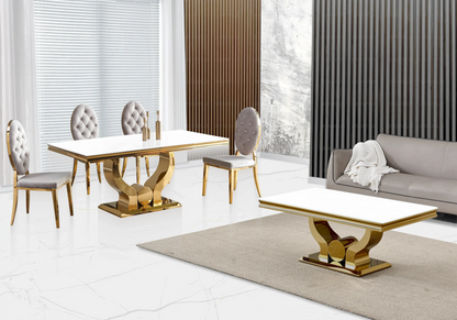 Table verre blanc et 4 chaises capitonnées dorées | Juno