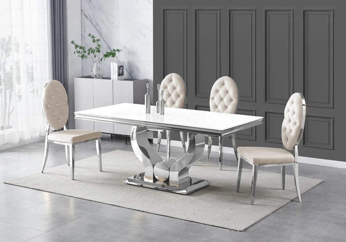 Table verre blanc et 4 chaises capitonnées argent | Juno