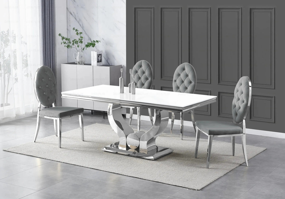 Table verre blanc et 4 chaises capitonnées argent | Juno