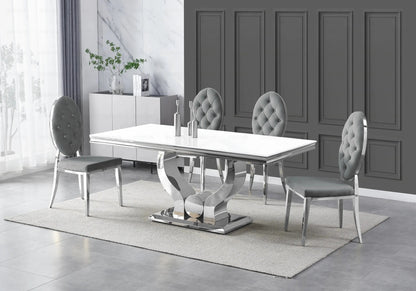 Table verre blanc et 4 chaises capitonnées argent | Juno