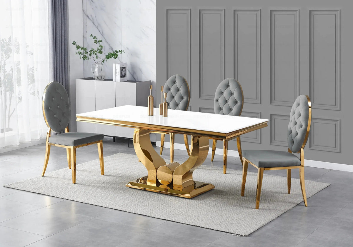 Table verre blanc et 4 chaises capitonnées dorées | Juno