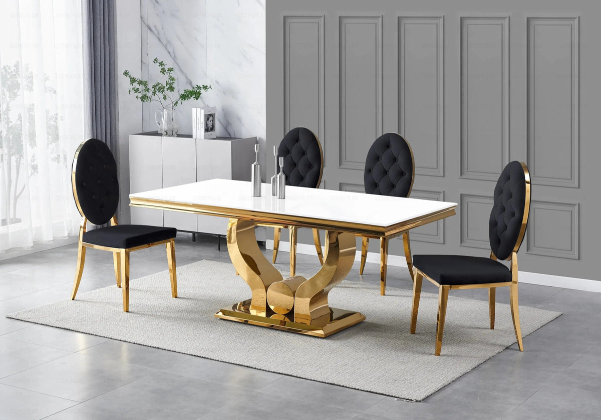 Table verre blanc et 4 chaises capitonnées dorées | Juno