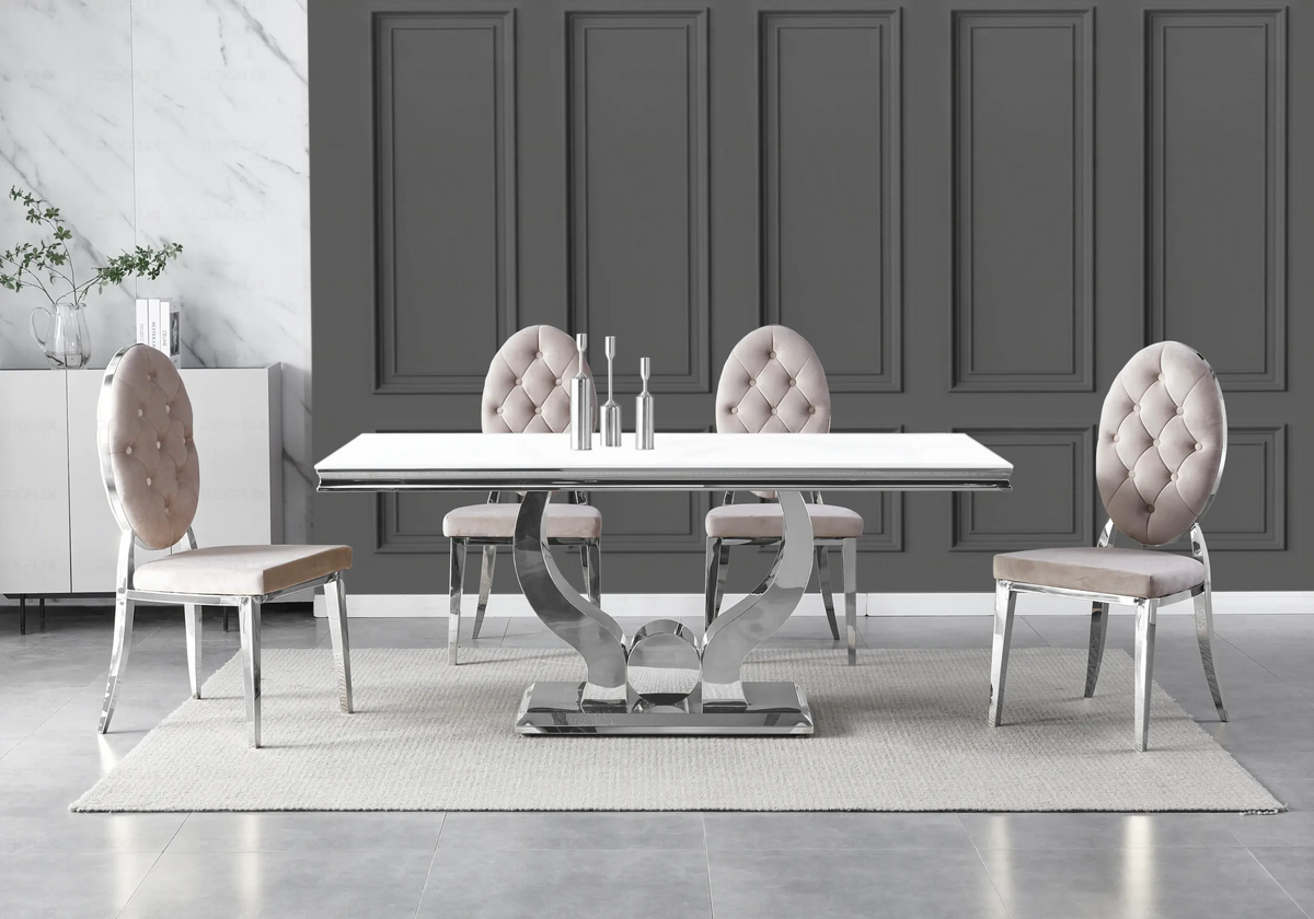 Table verre blanc et 4 chaises capitonnées argent | Juno
