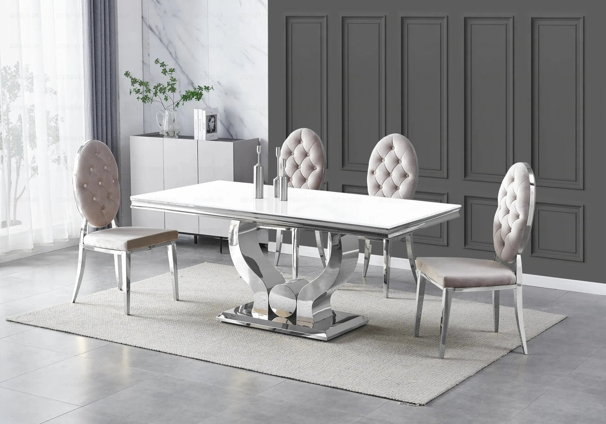 Table verre blanc et 4 chaises capitonnées argent | Juno