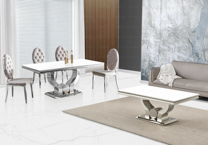 Table verre blanc et 4 chaises capitonnées argent | Juno