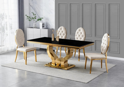 Table verre noir et 4 chaises capitonnées dorées | Juno
