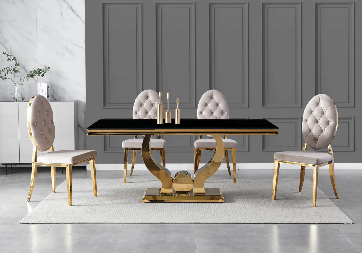 Table verre noir et 4 chaises capitonnées dorées | Juno
