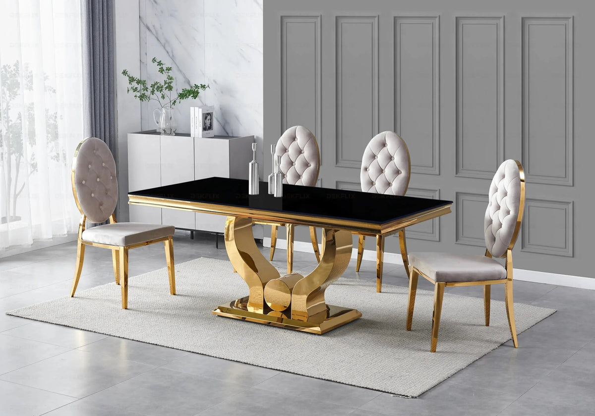 Table verre noir et 4 chaises capitonnées dorées | Juno