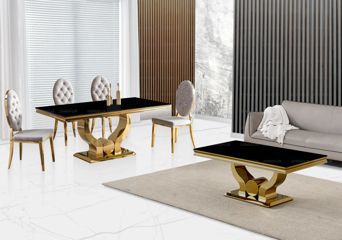 Table verre noir et 4 chaises capitonnées dorées | Juno