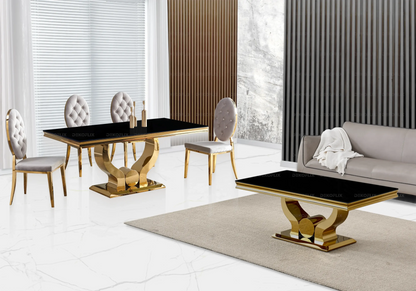 Table verre noir et 4 chaises capitonnées dorées | Juno