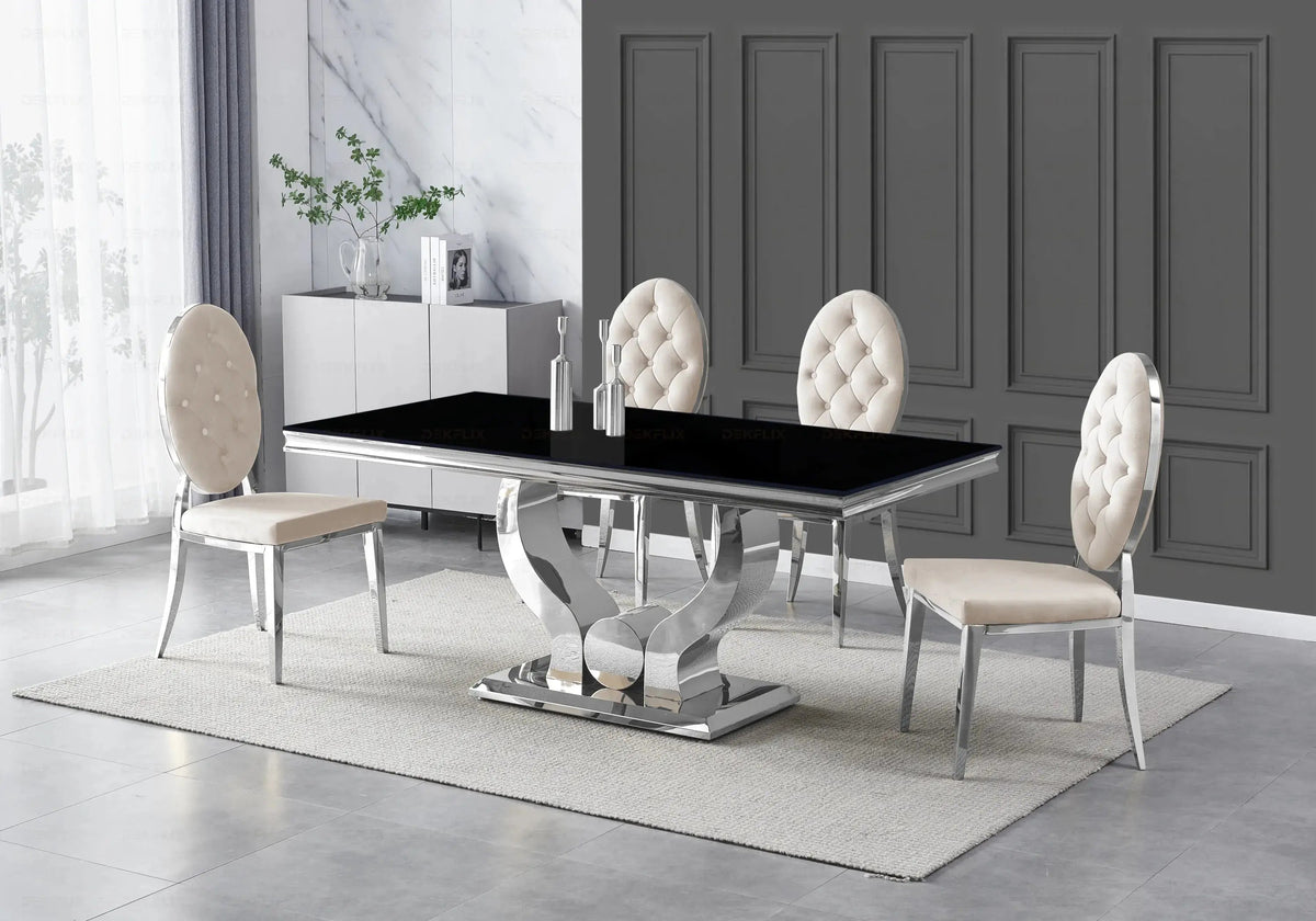 Table verre noir et 4 chaises capitonnées argent | Juno
