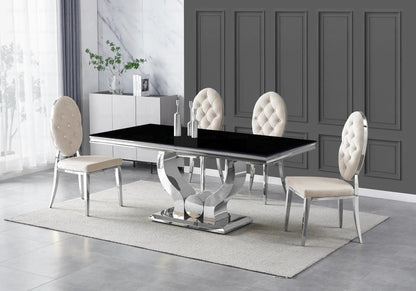 Table verre noir et 4 chaises capitonnées argent | Juno