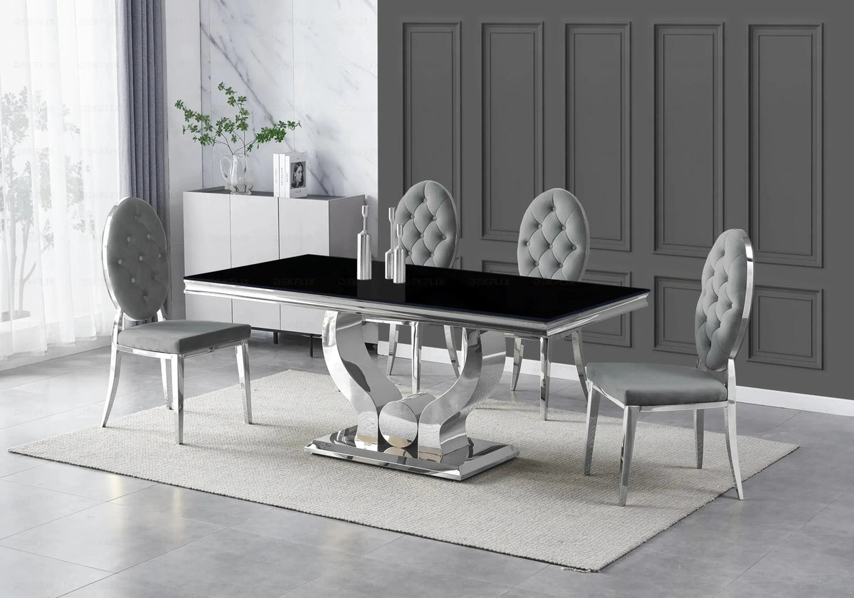Table verre noir et 4 chaises capitonnées argent | Juno