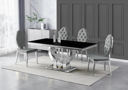 Table verre noir et 4 chaises capitonnées argent | Juno