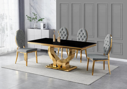 Table verre noir et 4 chaises capitonnées dorées | Juno