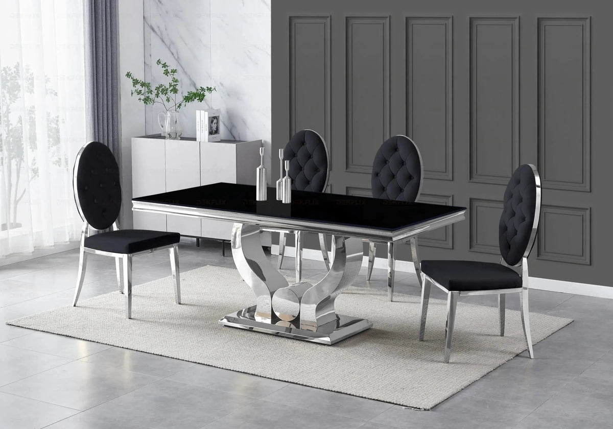 Table verre noir et 4 chaises capitonnées argent | Juno