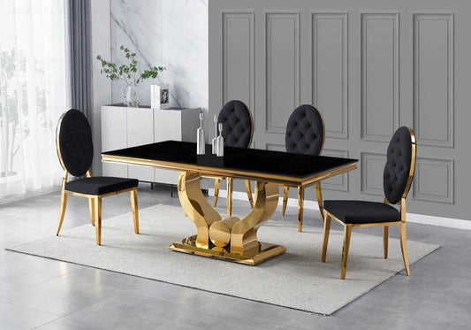 Table verre noir et 4 chaises capitonnées dorées | Juno