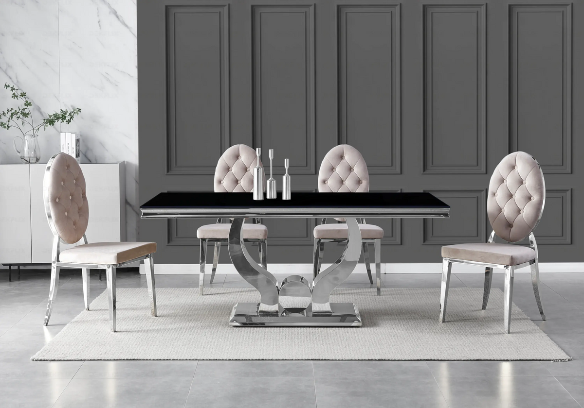 Table verre noir et 4 chaises capitonnées argent | Juno