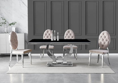Table verre noir et 4 chaises capitonnées argent | Juno