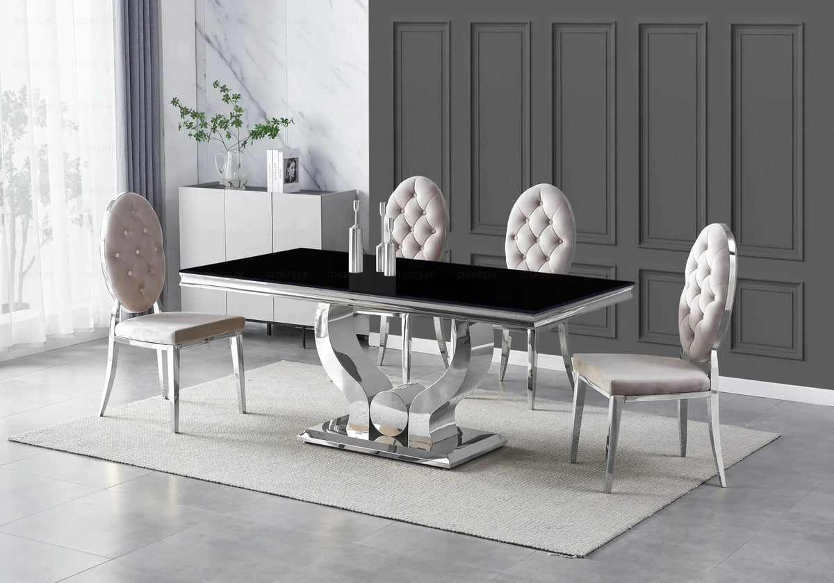 Table verre noir et 4 chaises capitonnées argent | Juno