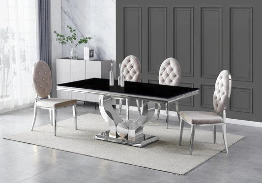 Table verre noir et 4 chaises capitonnées argent | Juno