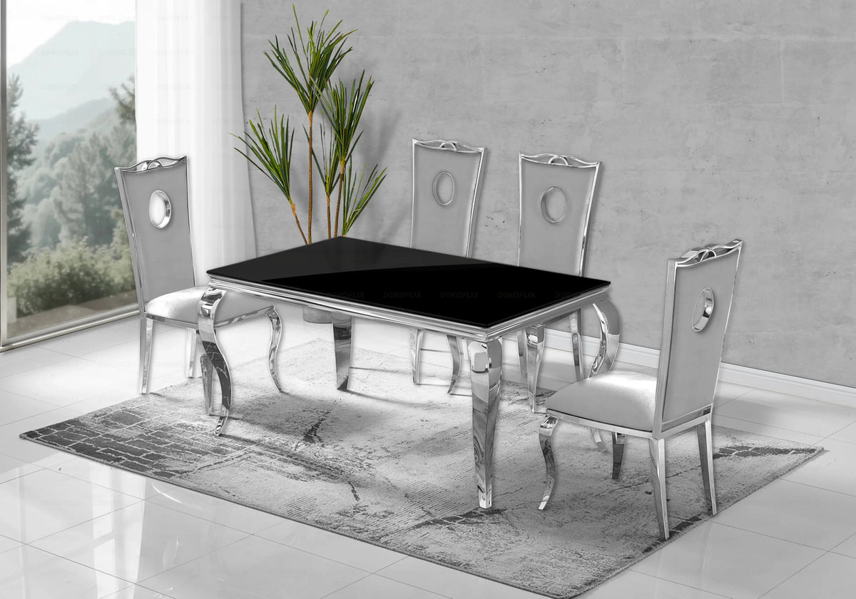 Ensemble table verre noir et 4 chaises argent | Halo