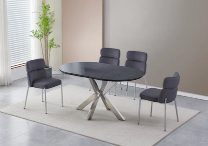 Table ovale en pierre noire et 4 chaises argent | Zelix