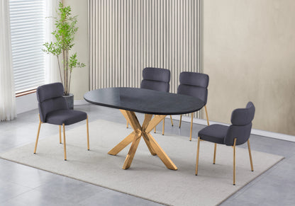 Table ovale en pierre noire et 4 chaises dorées | Zelix