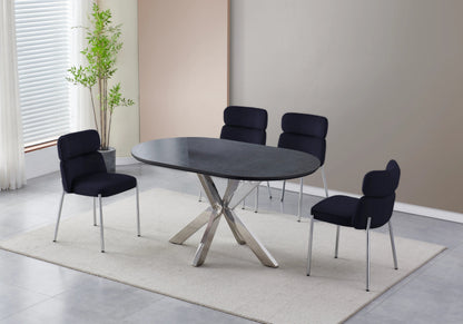 Table ovale en pierre noire et 4 chaises argent | Zelix