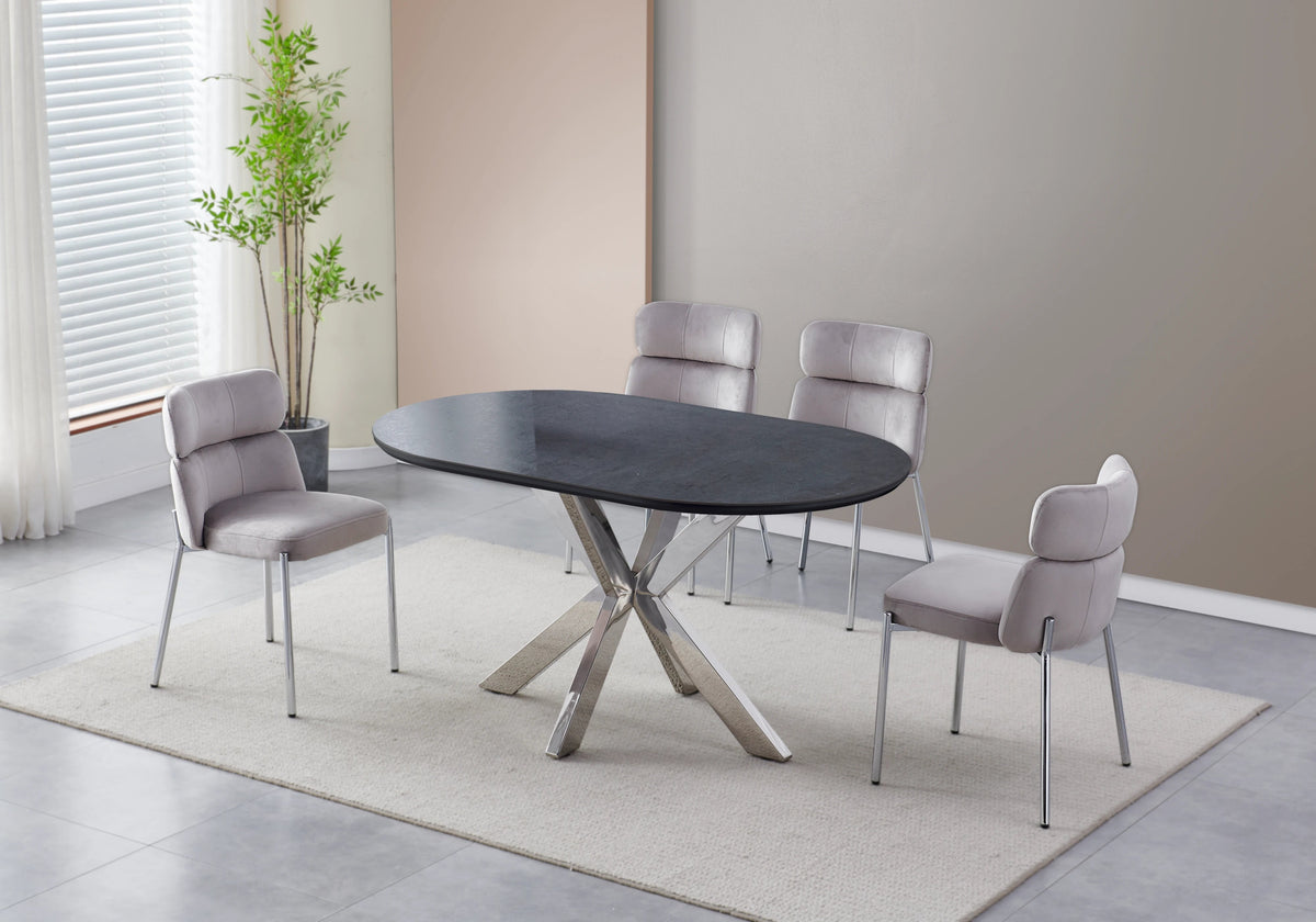 Table ovale en pierre noire et 4 chaises argent | Zelix