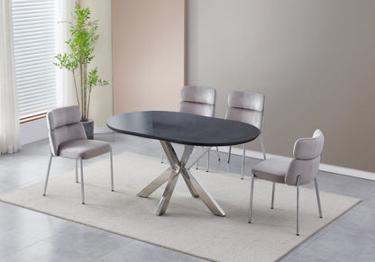 Table ovale en pierre noire et 4 chaises argent | Zelix