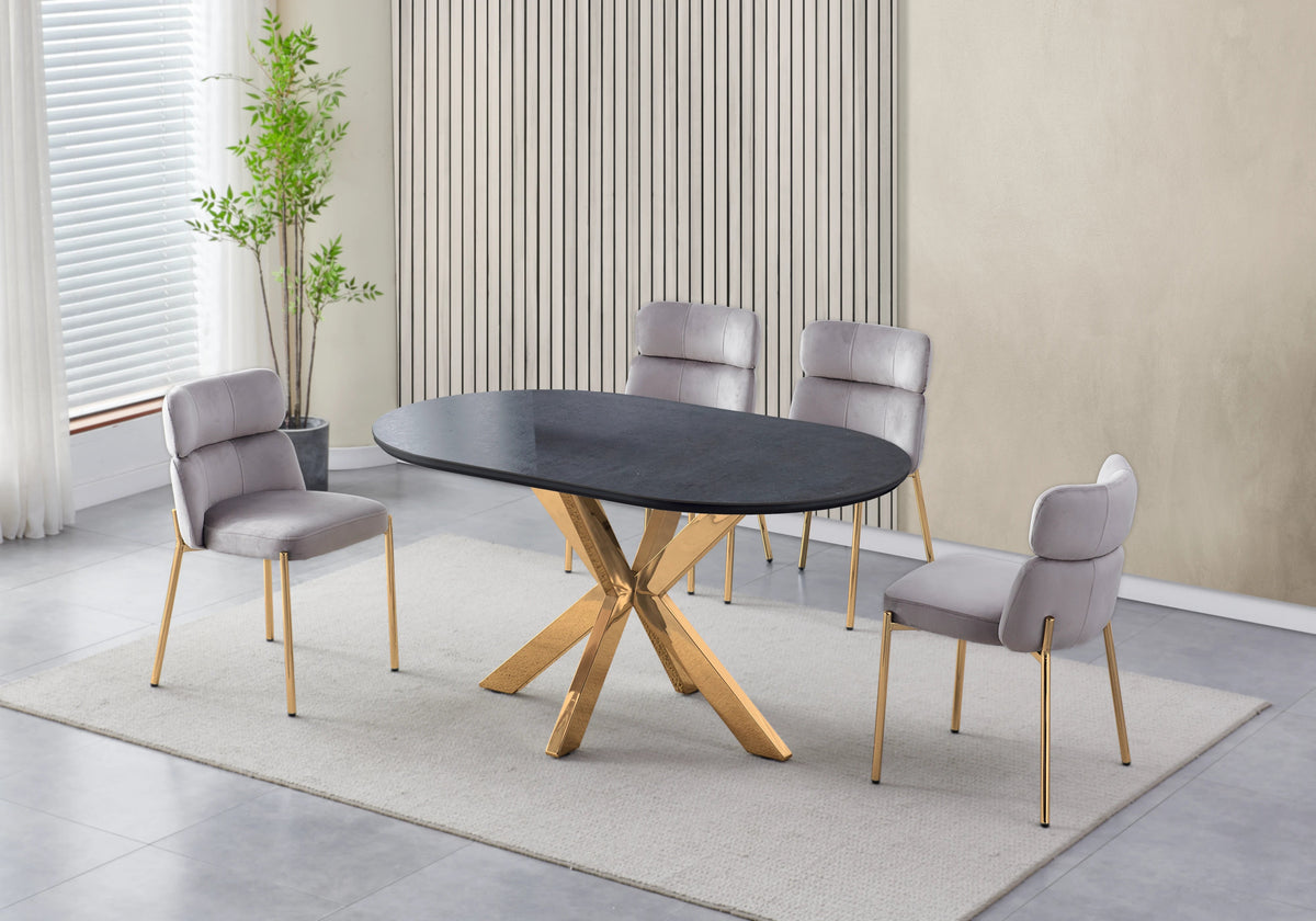 Table ovale en pierre noire et 4 chaises dorées | Zelix
