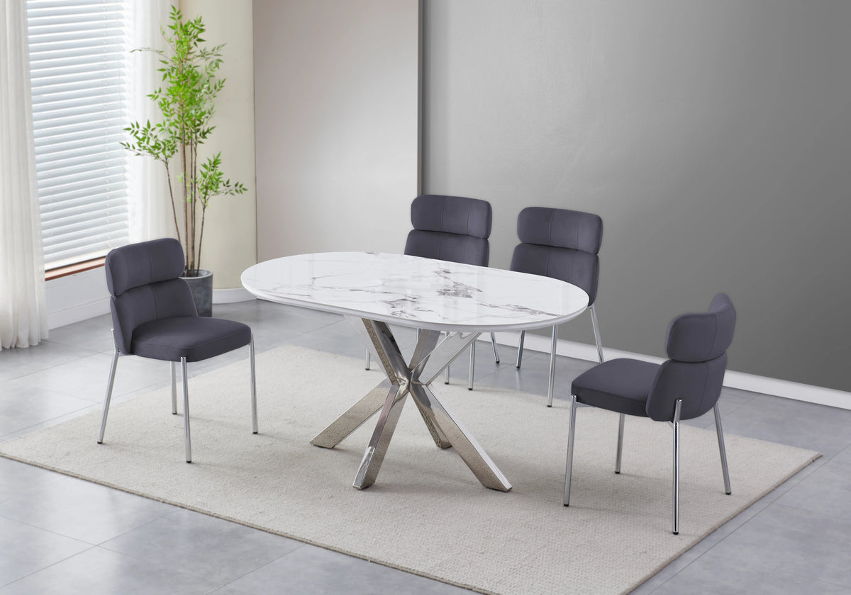 Table ovale marbre blanc et 4 chaises argent | Zelix