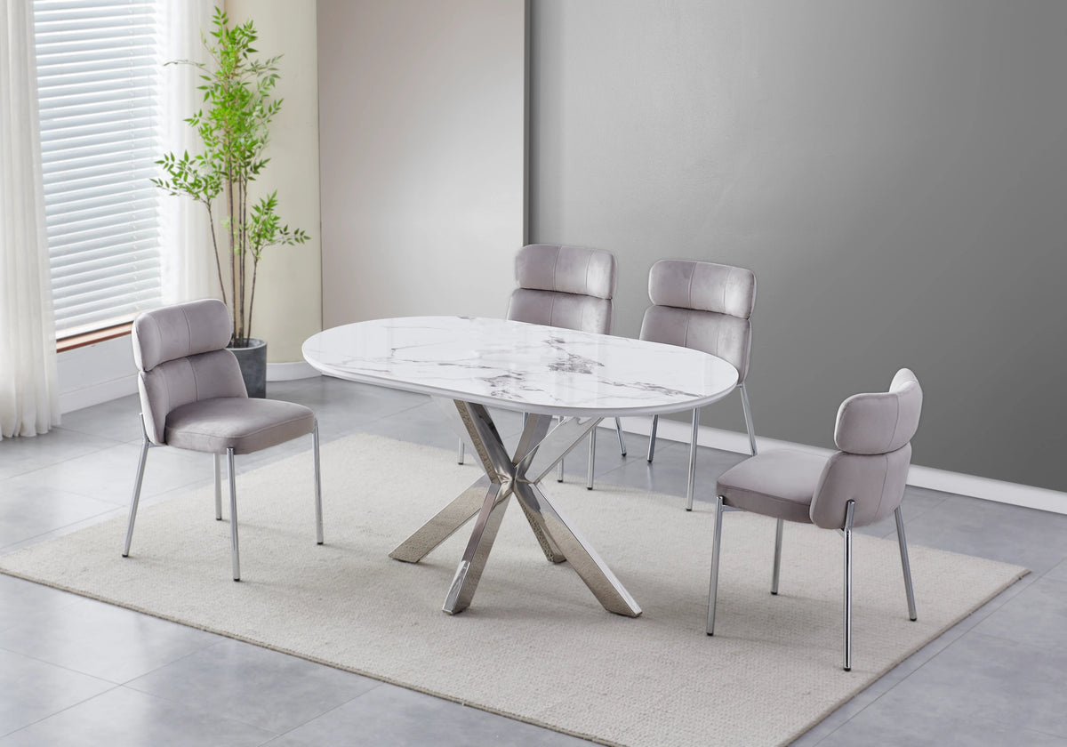Table ovale marbre blanc et 4 chaises argent | Zelix