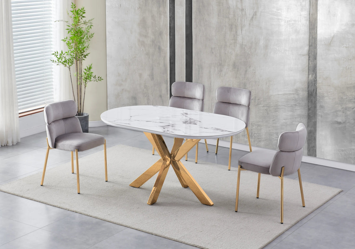 Table ovale marbre blanc et 4 chaises dorées | Zelix