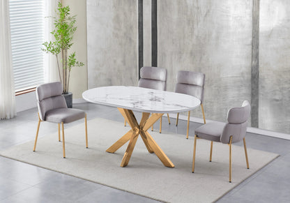 Table ovale marbre blanc et 4 chaises dorées | Zelix