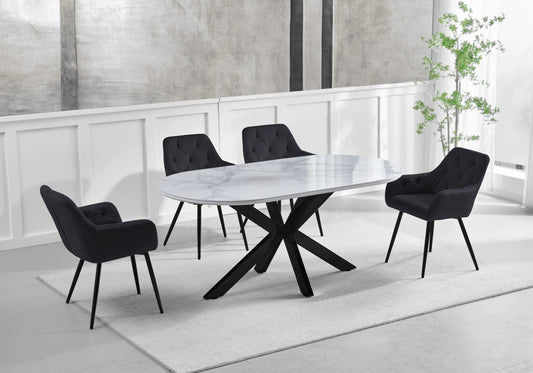 Ensemble table marbre blanc et 4 fauteuils velours | Zenix