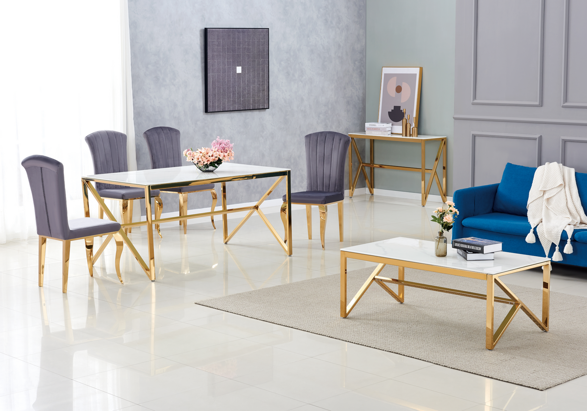 Table à manger effet marbre blanc et pied doré | Kiro