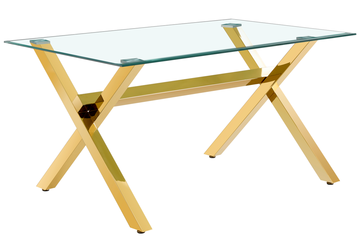 Ensemble salle à manger verre trempé pieds x dorés | Zyro