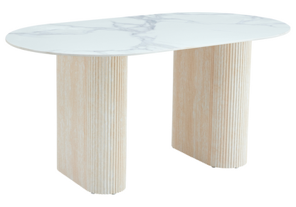 Table à manger ovale effet marbre blanc travertin | Veyra